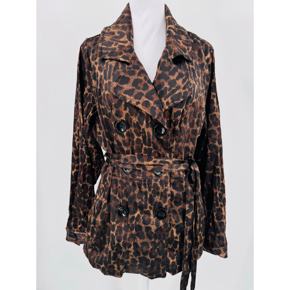 Dots Leopard Print Double-Breasted Trench Coat - Brown & Black